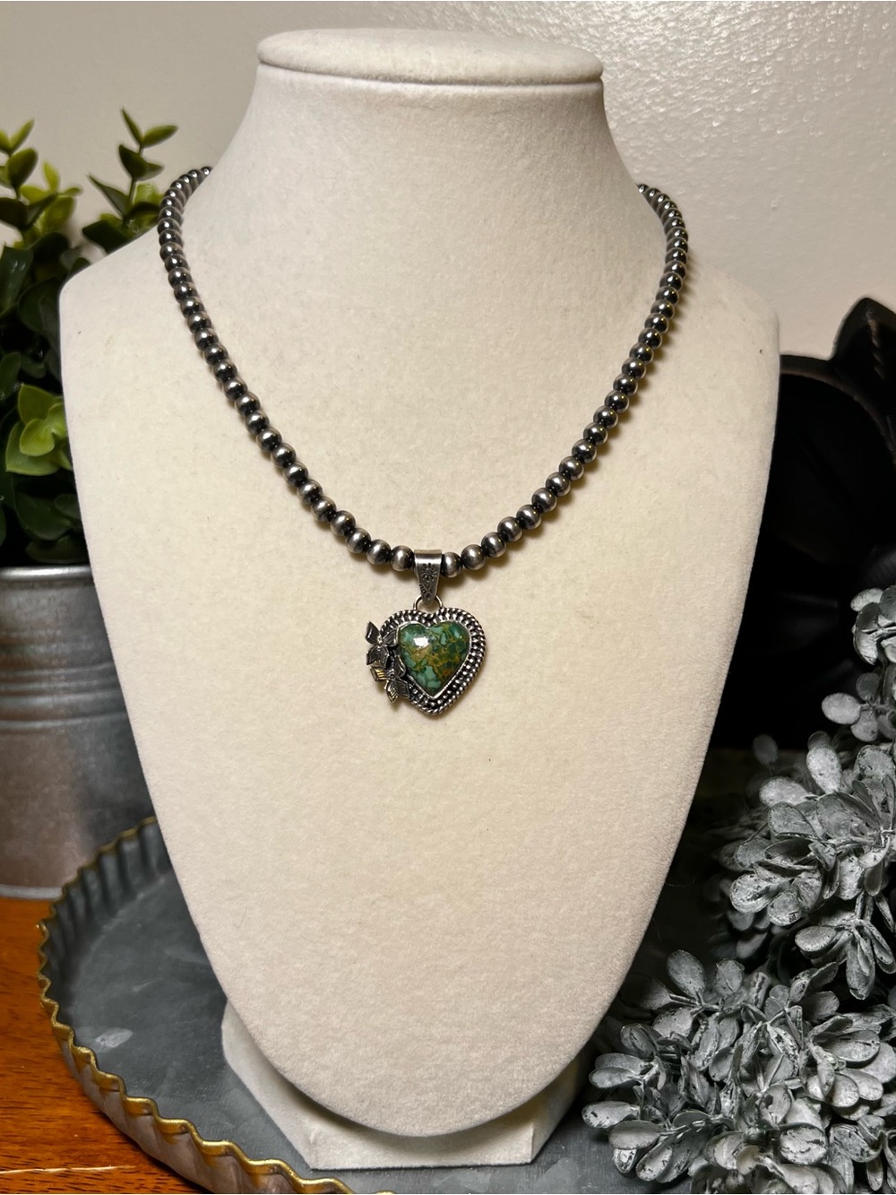 Sterling Silver Green Kingman Turquoise Heart Pendant | Southwestern - Picture 9 of 12